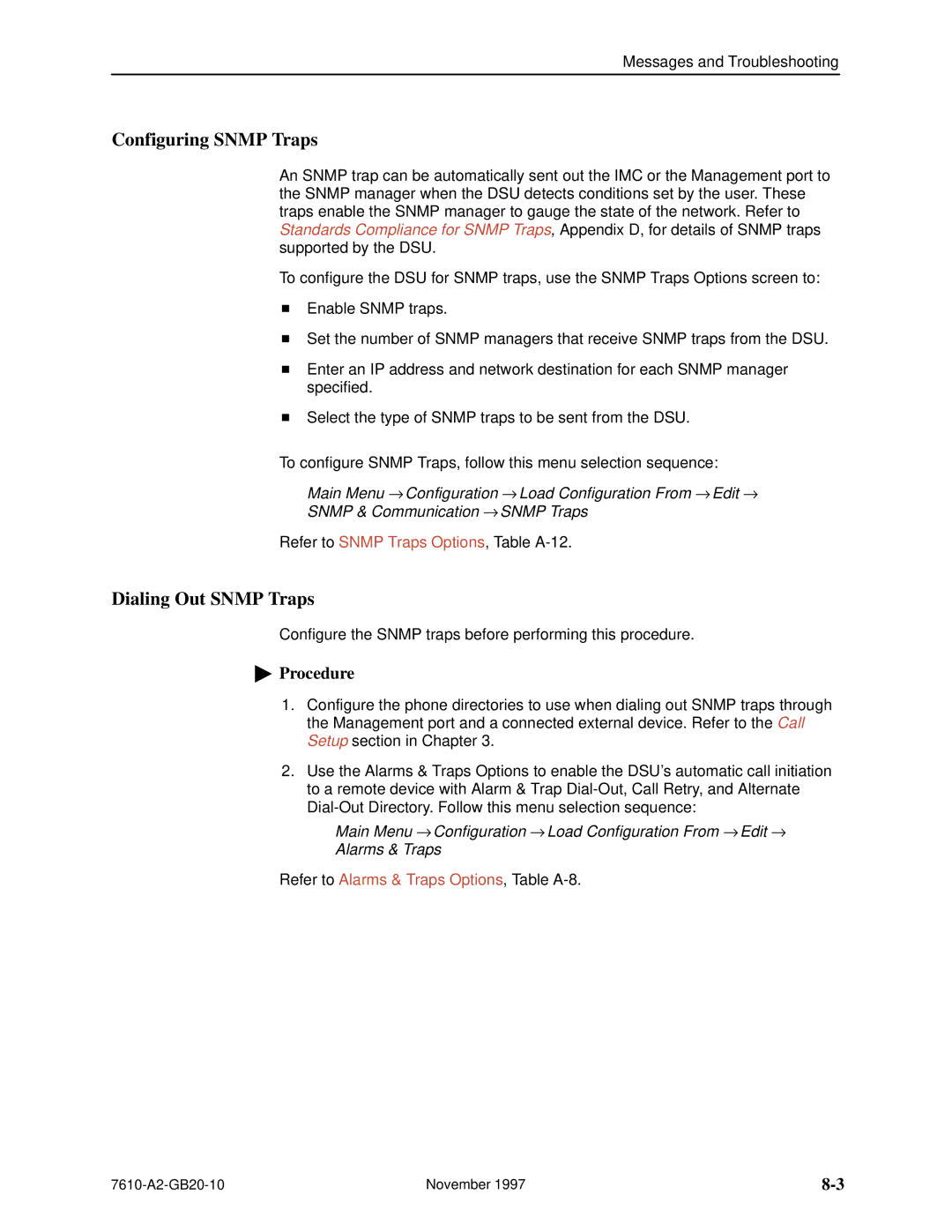 Paradyne SNMP DSU, 7610 manual Configuring Snmp Traps, Dialing Out Snmp Traps 