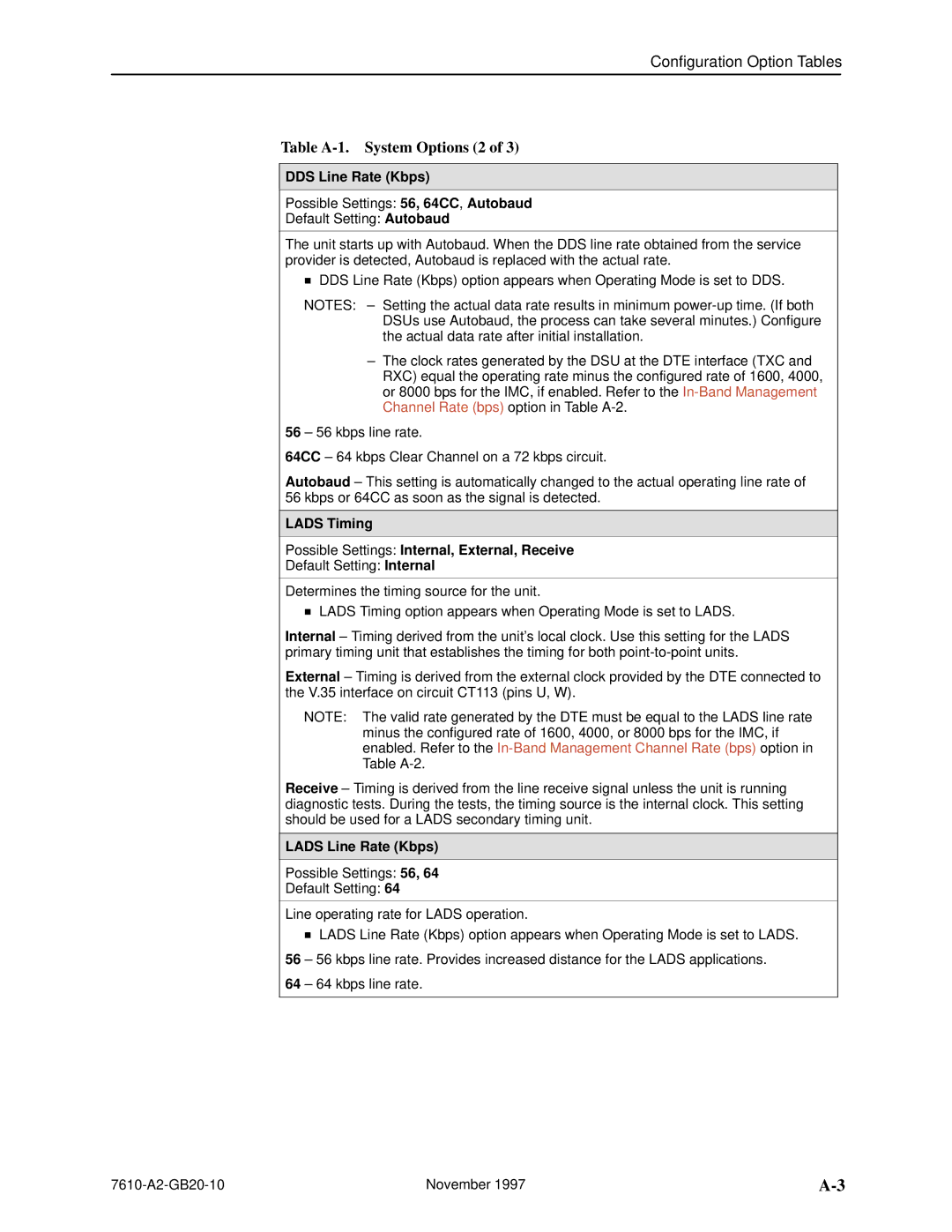 Paradyne SNMP DSU, 7610 manual Table A-1. System Options 2, DDS Line Rate Kbps, Lads Line Rate Kbps 
