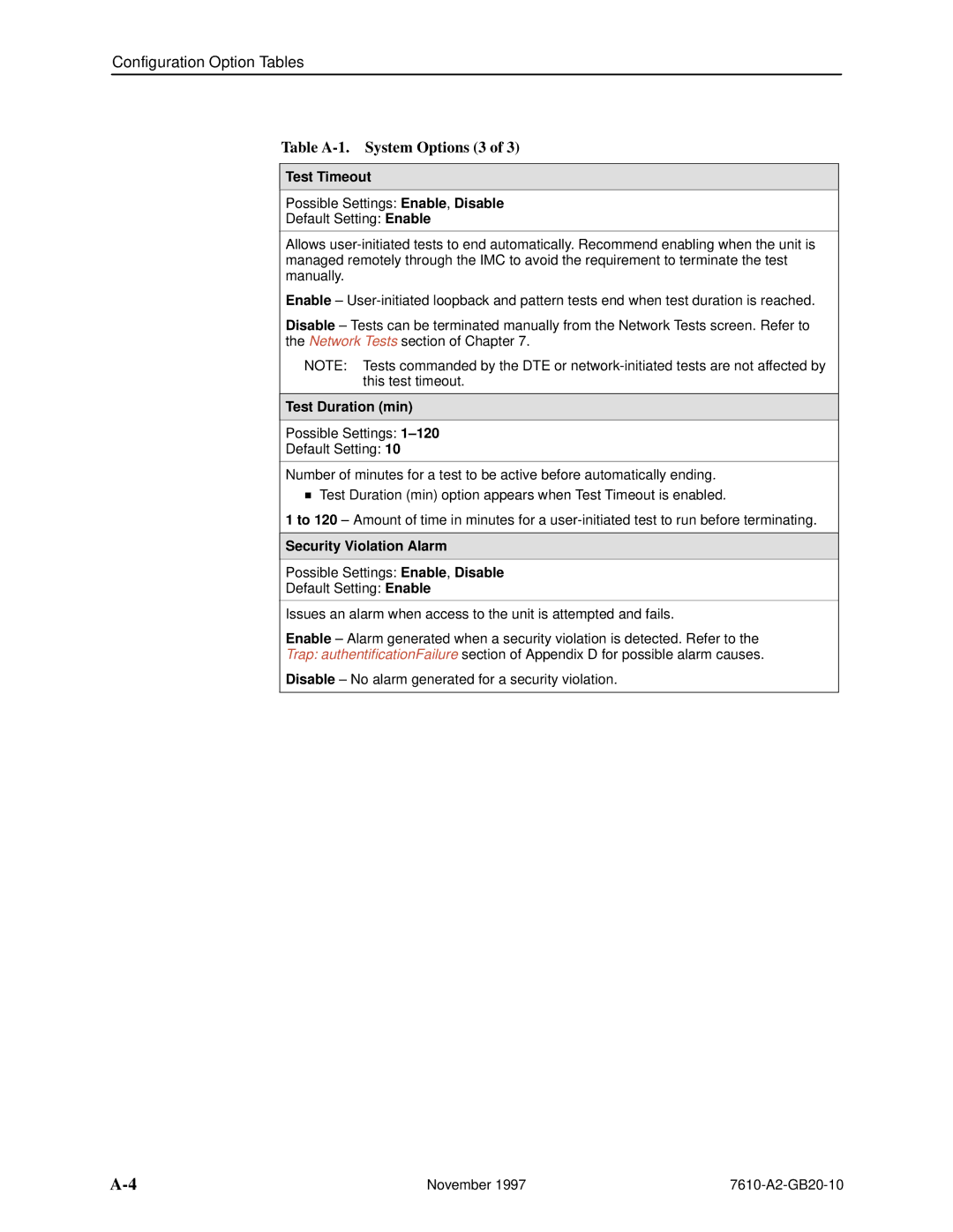 Paradyne 7610, SNMP DSU manual Table A-1. System Options 3, Test Timeout, Test Duration min, Security Violation Alarm 