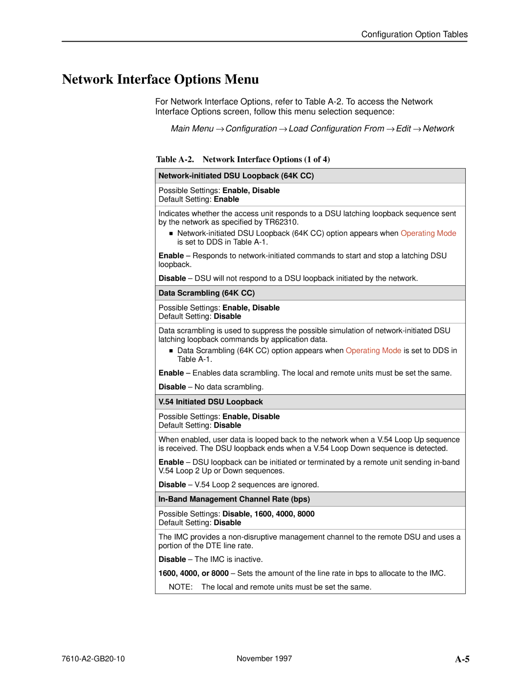 Paradyne SNMP DSU, 7610 Network Interface Options Menu, Table A-2. Network Interface Options 1, Data Scrambling 64K CC 