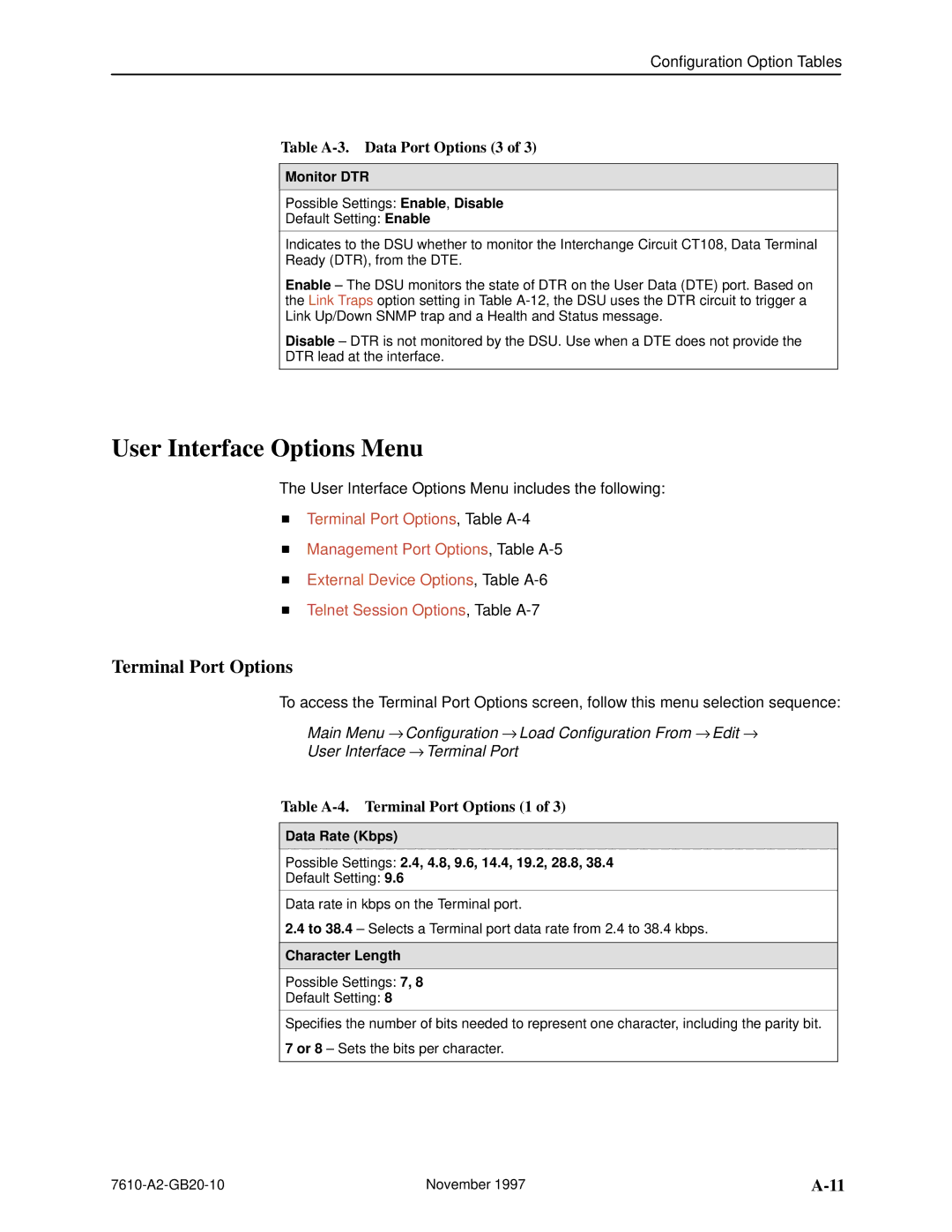 Paradyne SNMP DSU, 7610 manual User Interface Options Menu, Terminal Port Options, Table A-3. Data Port Options 3 