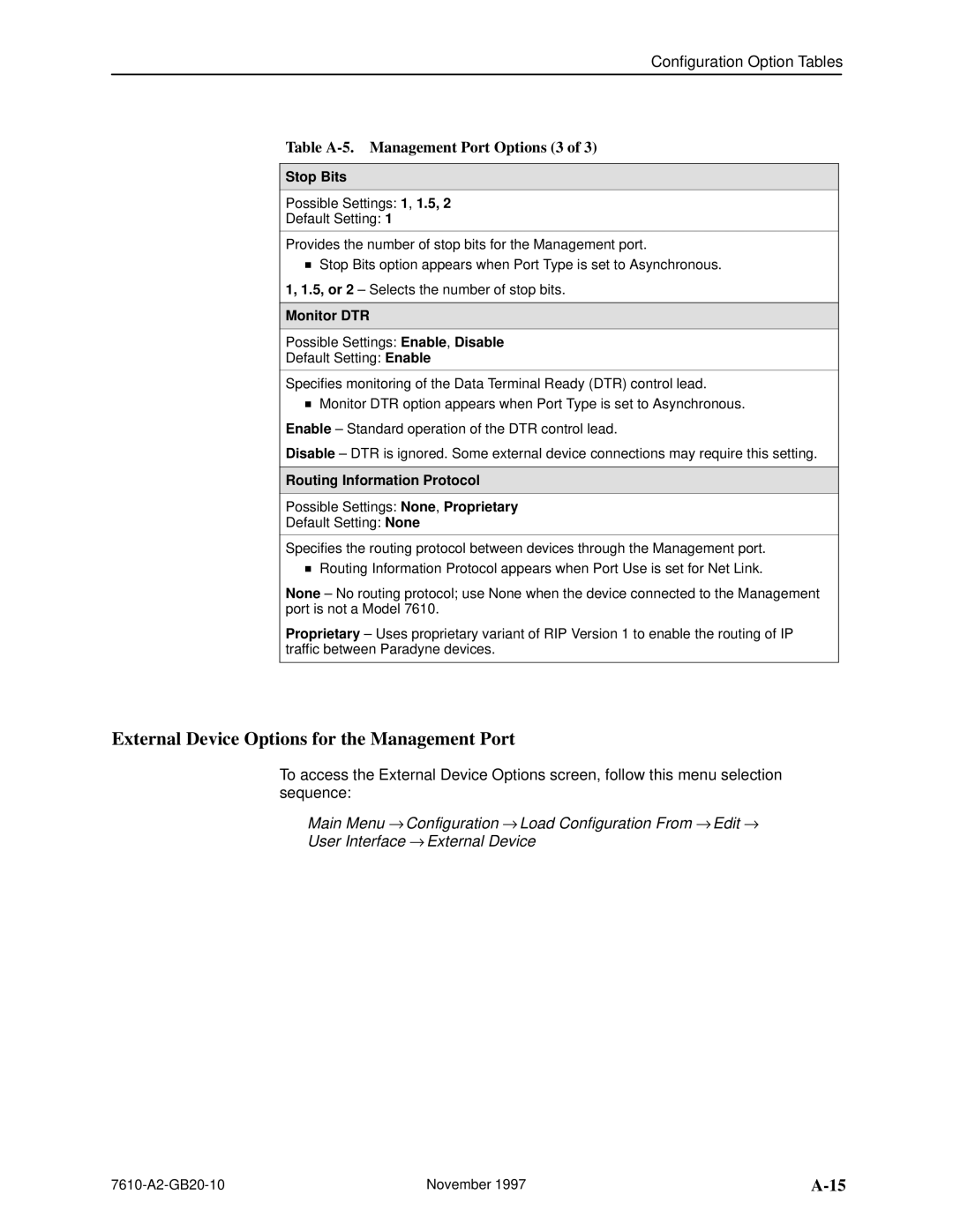 Paradyne SNMP DSU, 7610 manual External Device Options for the Management Port, Table A-5. Management Port Options 3 