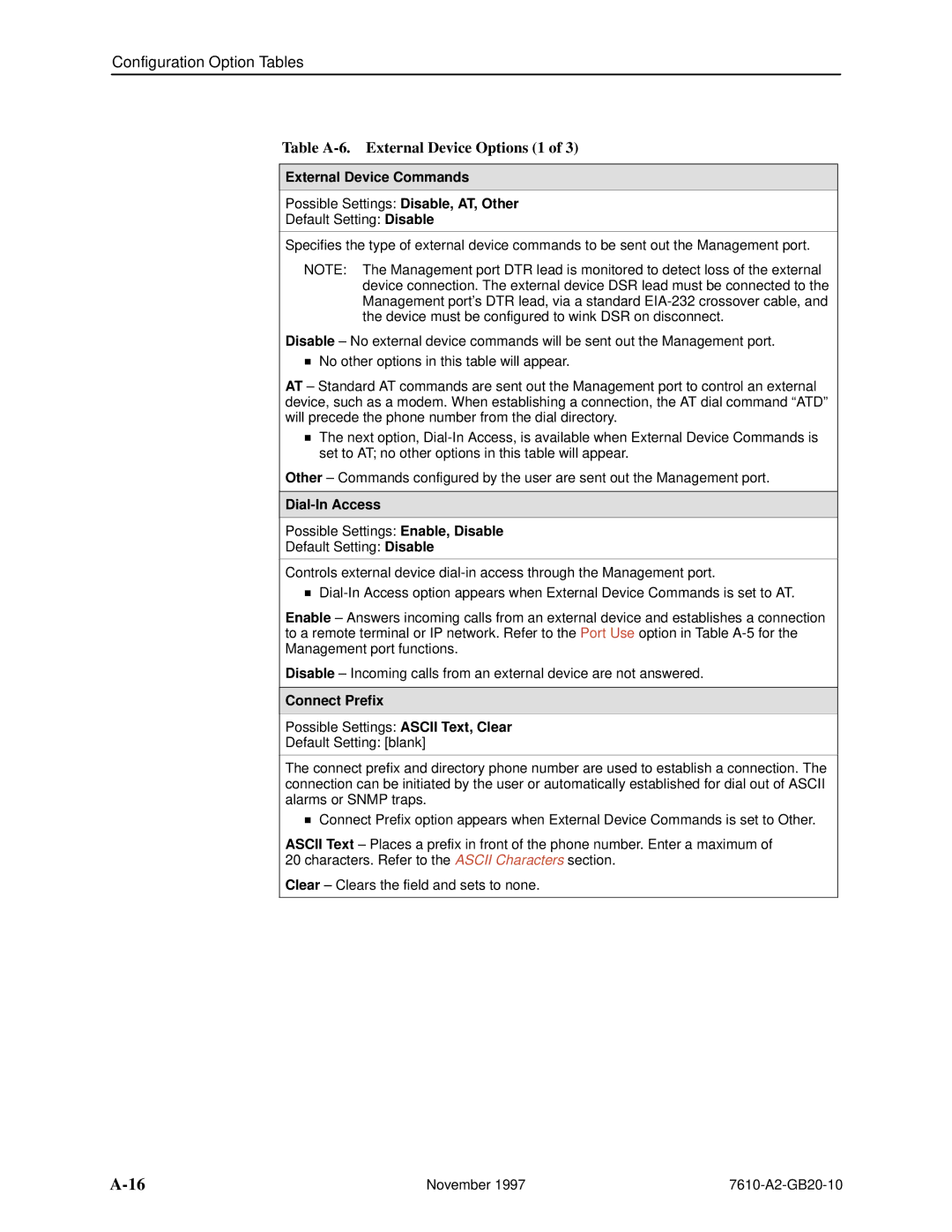 Paradyne 7610, SNMP DSU Table A-6. External Device Options 1, External Device Commands, Dial-In Access, Connect Prefix 