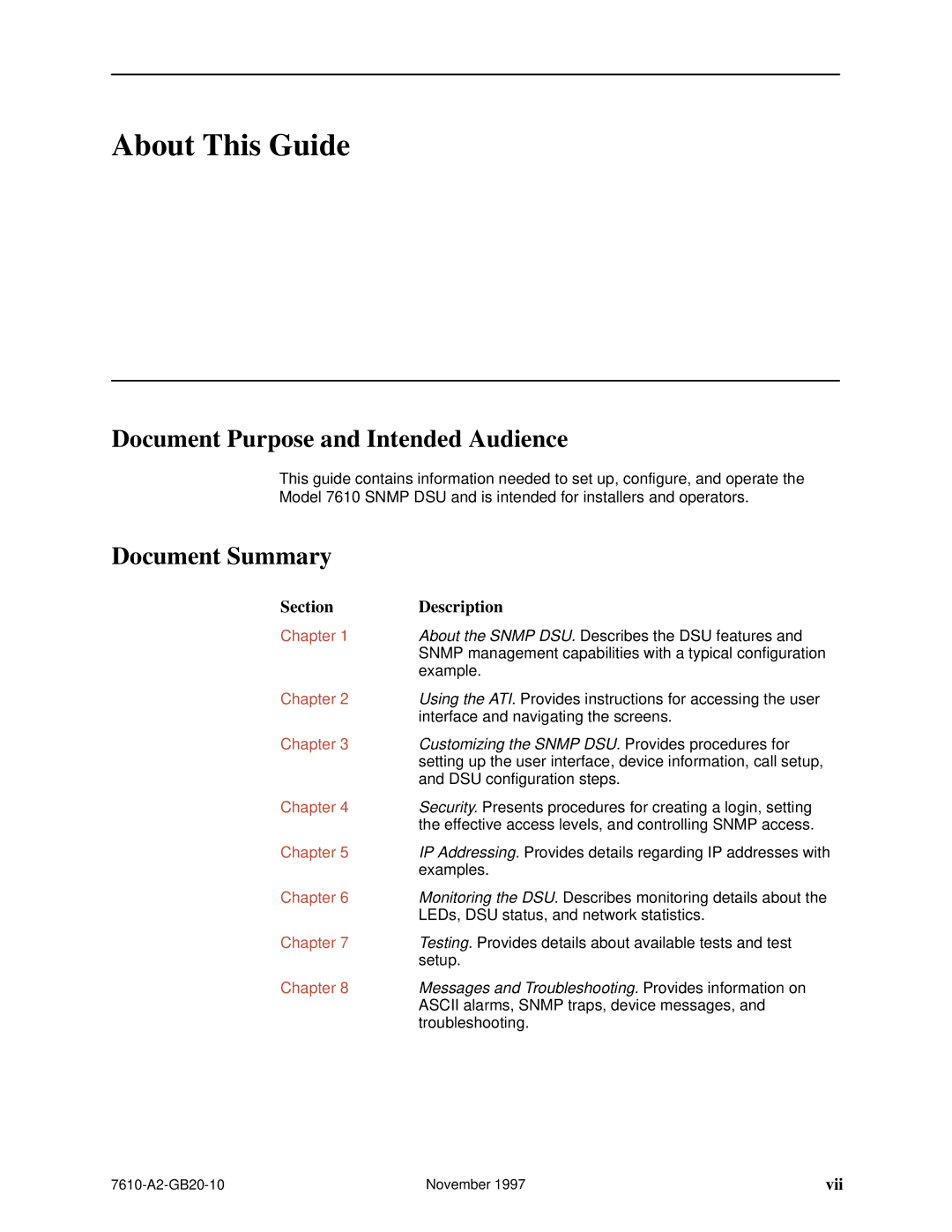 Paradyne SNMP DSU, 7610 manual About This Guide, Document Purpose and Intended Audience, Document Summary 