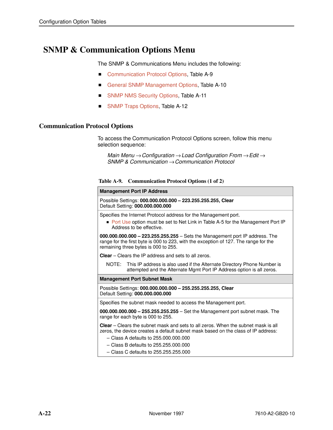 Paradyne 7610, SNMP DSU manual Snmp & Communication Options Menu, Communication Protocol Options 