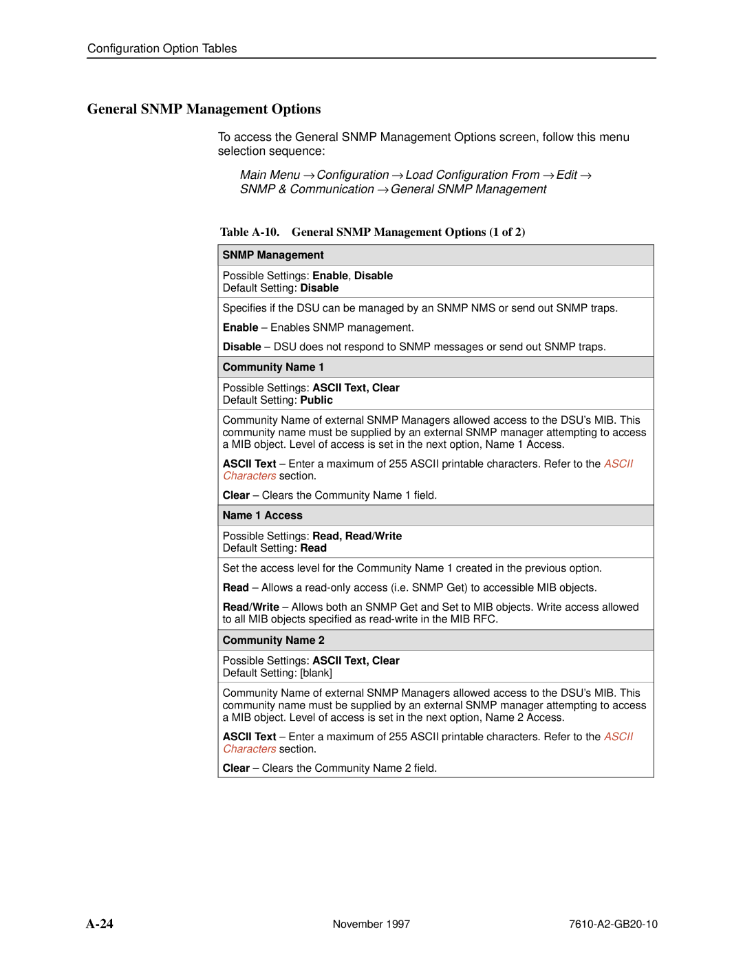 Paradyne 7610, SNMP DSU manual Table A-10. General Snmp Management Options 1, Community Name, Name 1 Access 