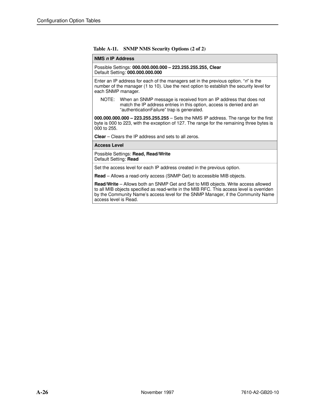 Paradyne 7610, SNMP DSU manual Table A-11. Snmp NMS Security Options 2, Access Level 