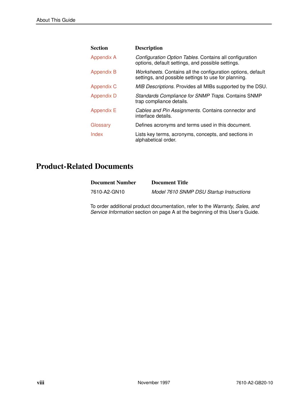 Paradyne 7610, SNMP DSU manual Product-Related Documents, Appendix a 