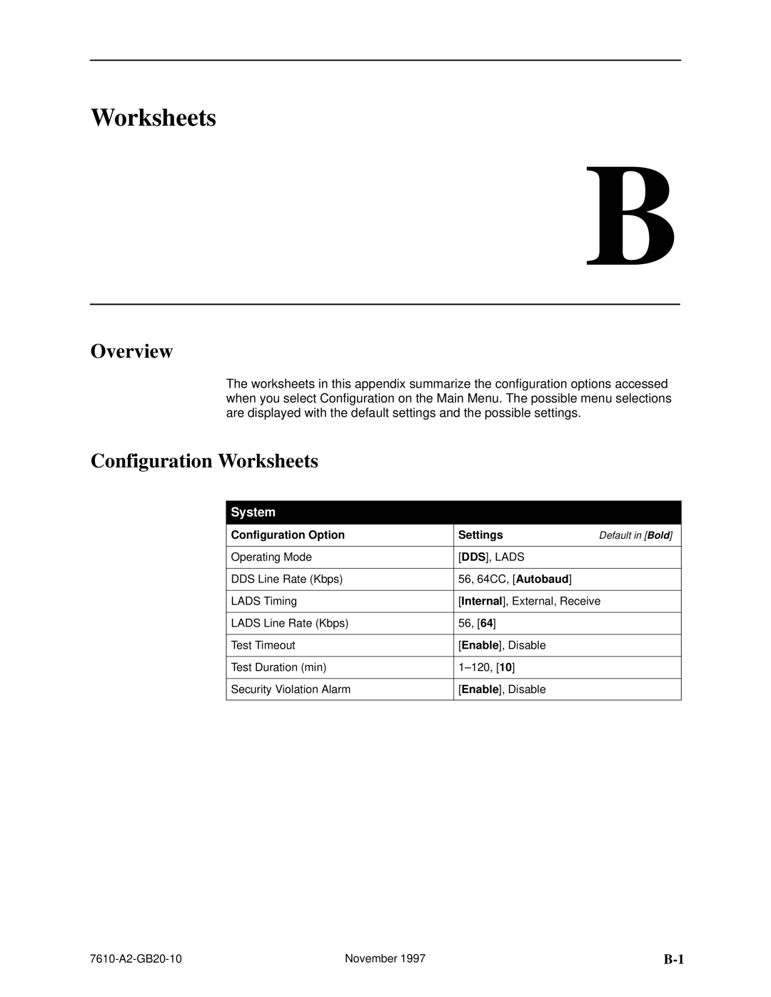 Paradyne SNMP DSU, 7610 manual Overview, Configuration Worksheets, Configuration Option Settings 