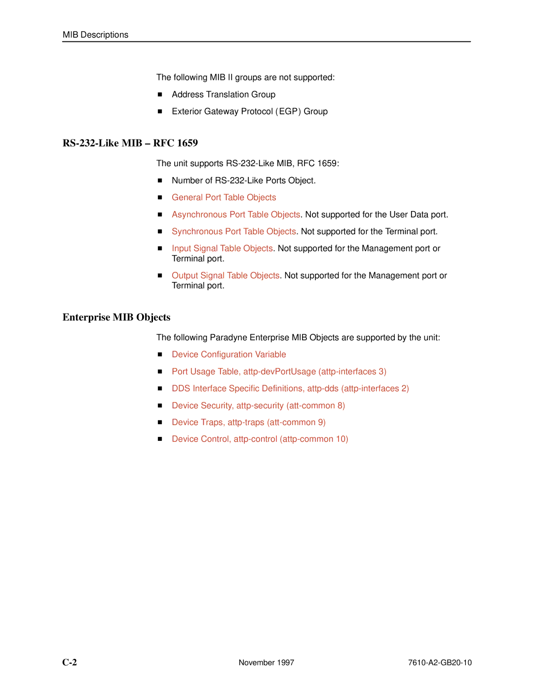 Paradyne 7610, SNMP DSU manual RS-232-Like MIB ± RFC, Enterprise MIB Objects 