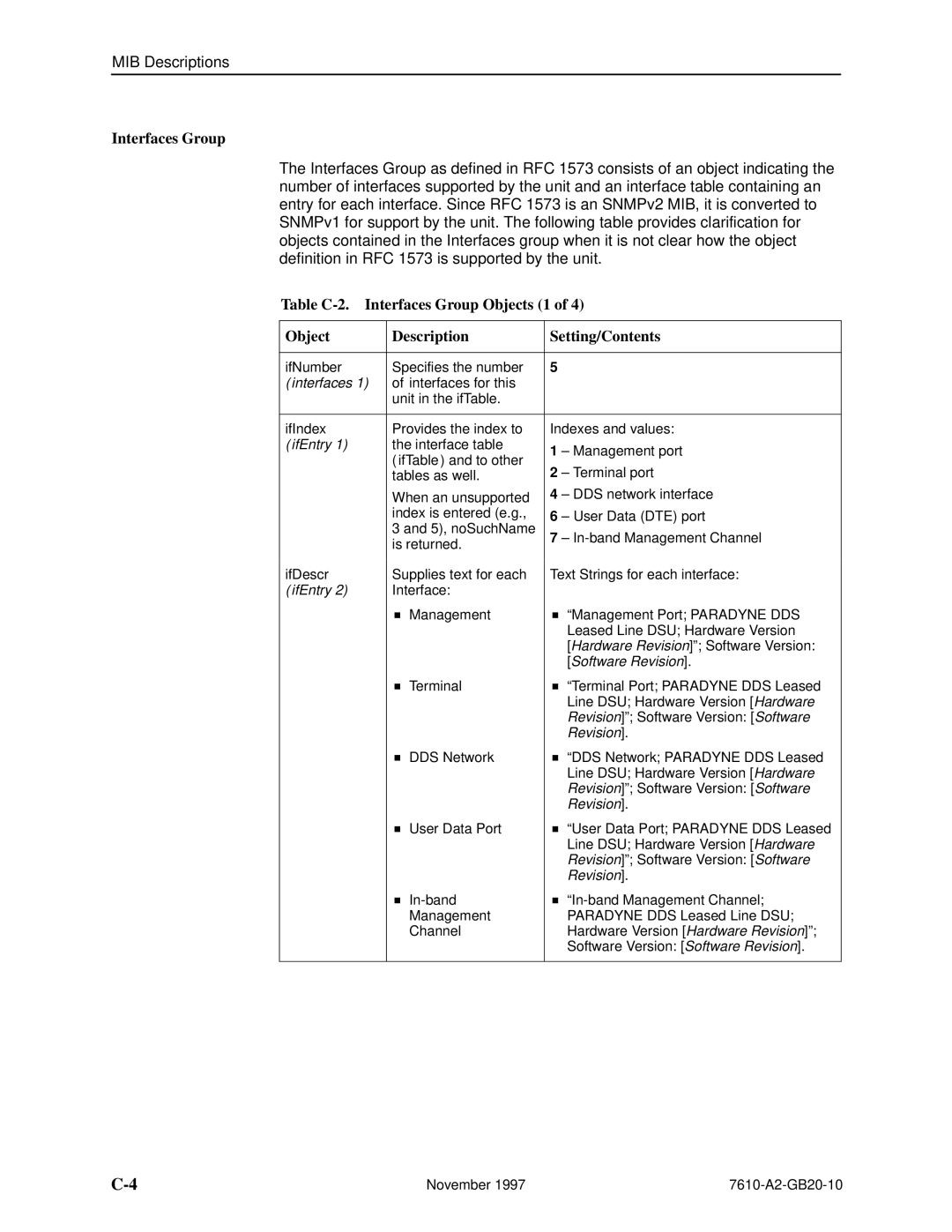 Paradyne 7610, SNMP DSU manual Interfaces Group, IfEntry, Software Revision 