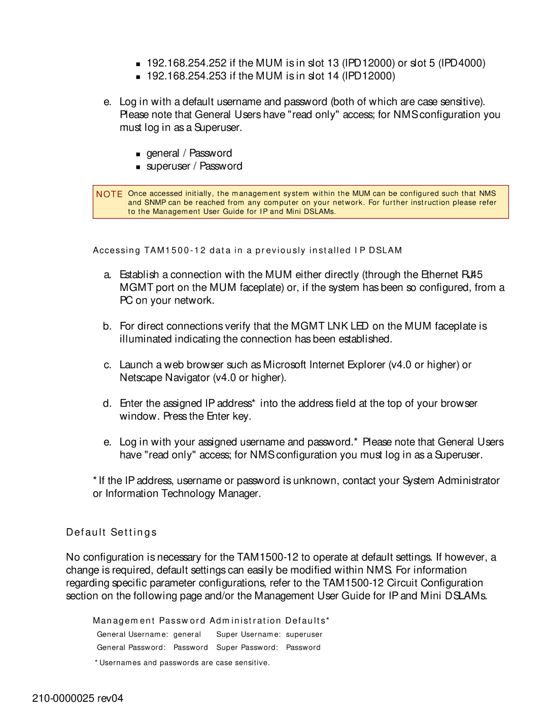 Paradyne TAM1500-12 manual Default Settings, Management Password Administration Defaults 