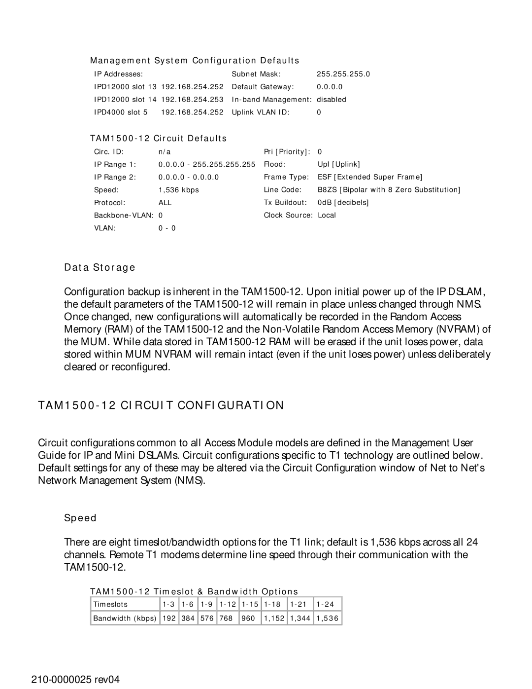 Paradyne manual TAM1500-12 Circuit Configuration, Data Storage, Speed 