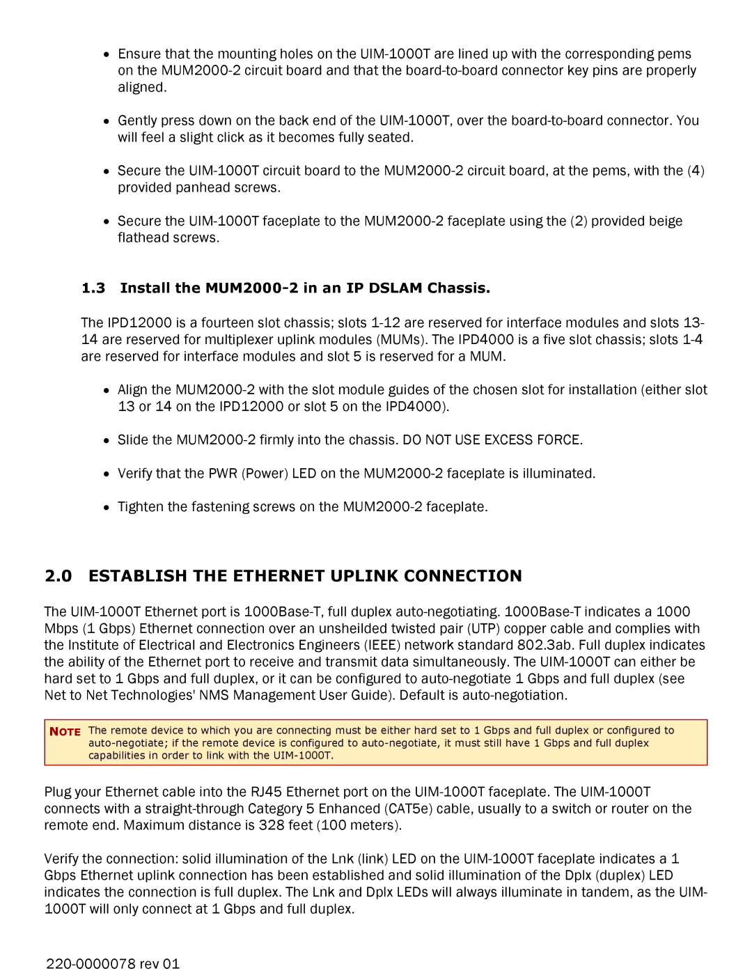 Paradyne UIM-1000T installation instructions Establish the Ethernet Uplink Connection 