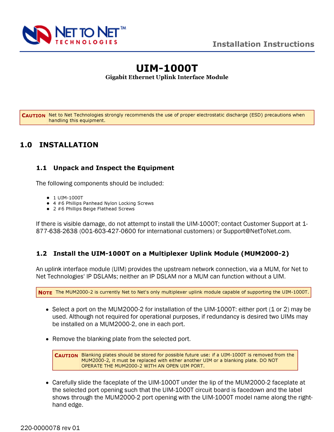 Paradyne UIM-1000T installation instructions Installation Instructions 
