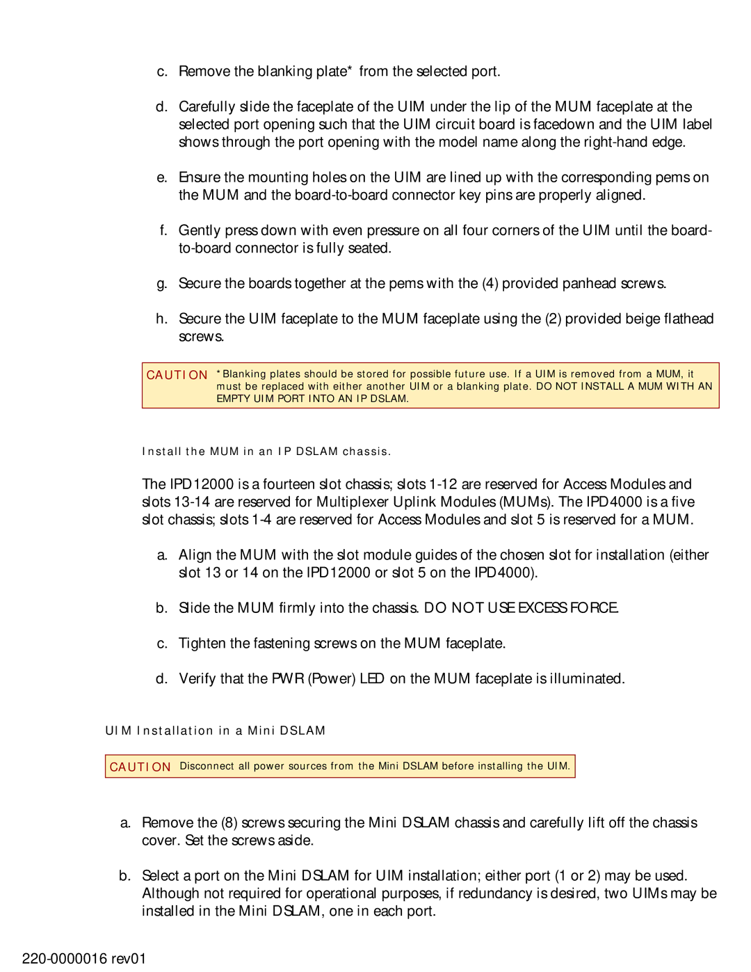 Paradyne UIM-10/100 installation instructions UIM Installation in a Mini Dslam 