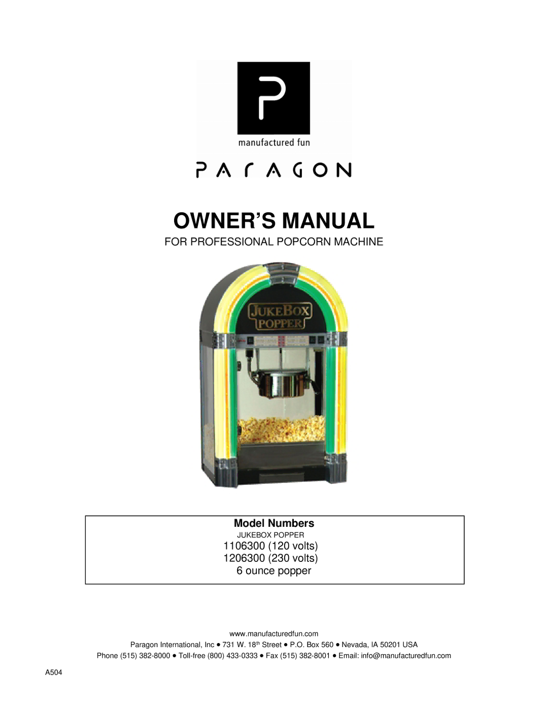 Paragon 1106300, 1206300 owner manual Model Numbers 