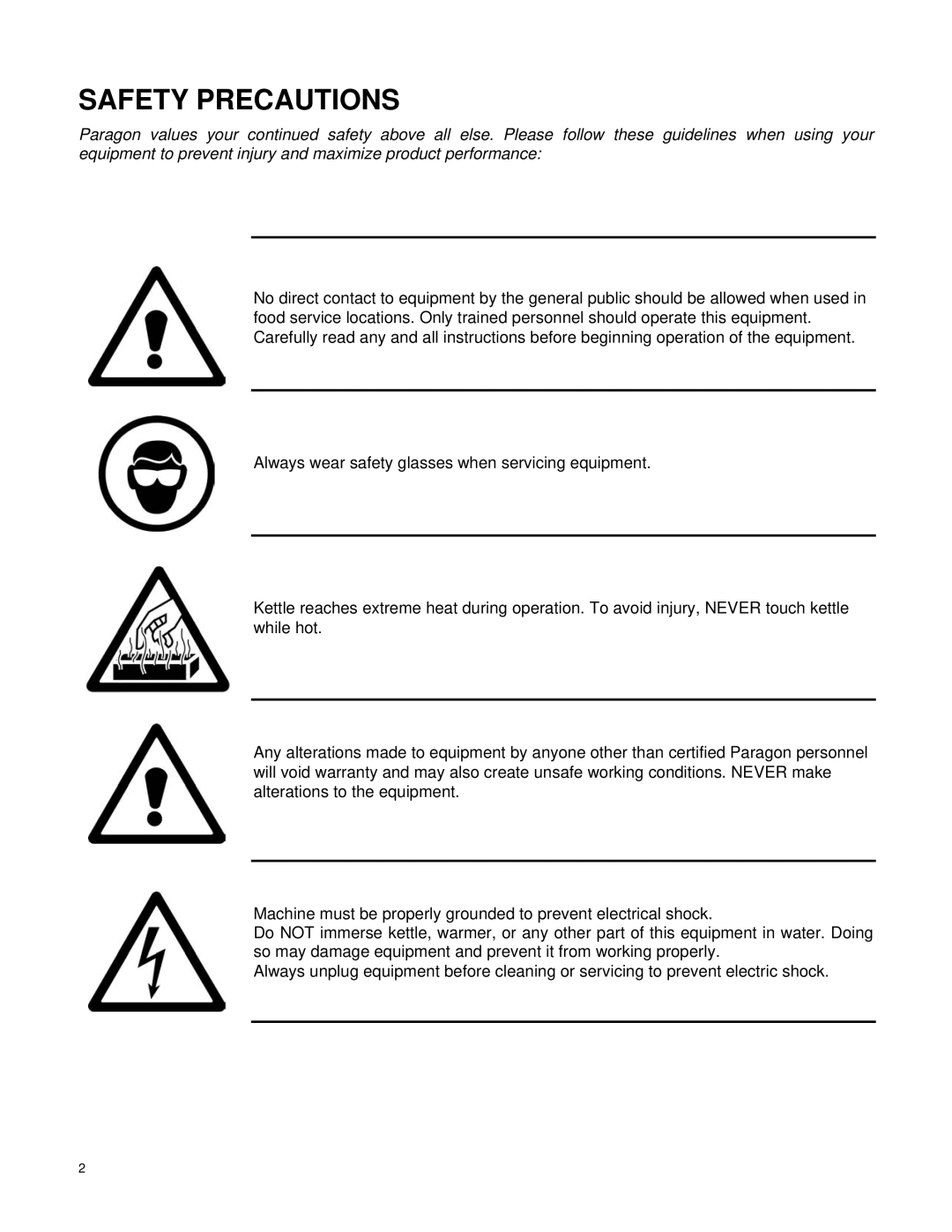 Paragon 1206300, 1106300 owner manual Safety Precautions 