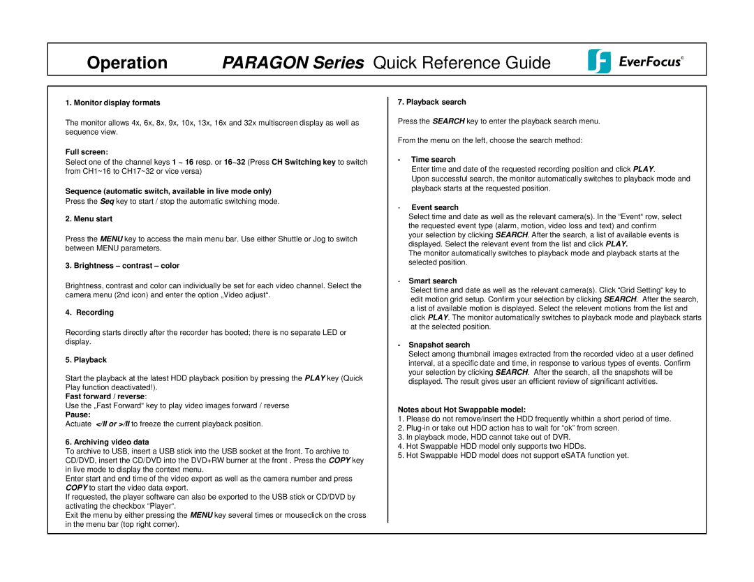 Paragon 32CH Monitor display formats, Full screen, Sequence automatic switch, available in live mode only, Menu start 