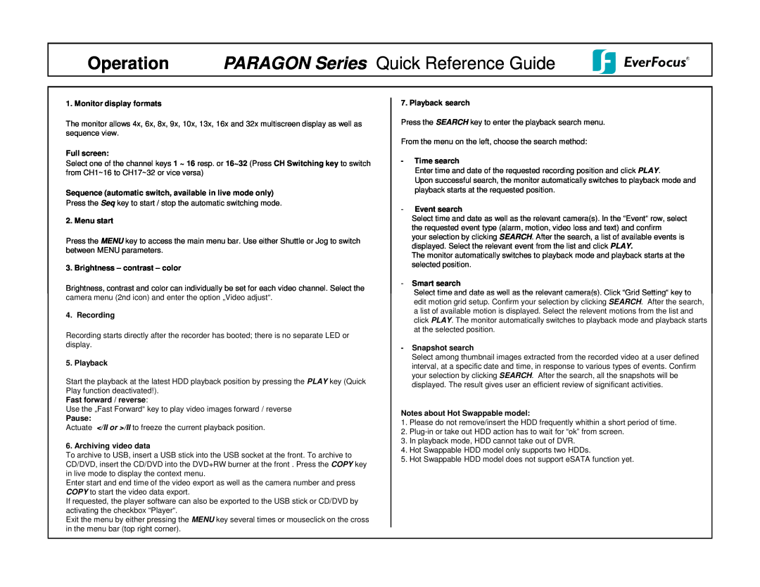 Paragon 32CH manual Operation PARAGON Series Quick Reference Guide 