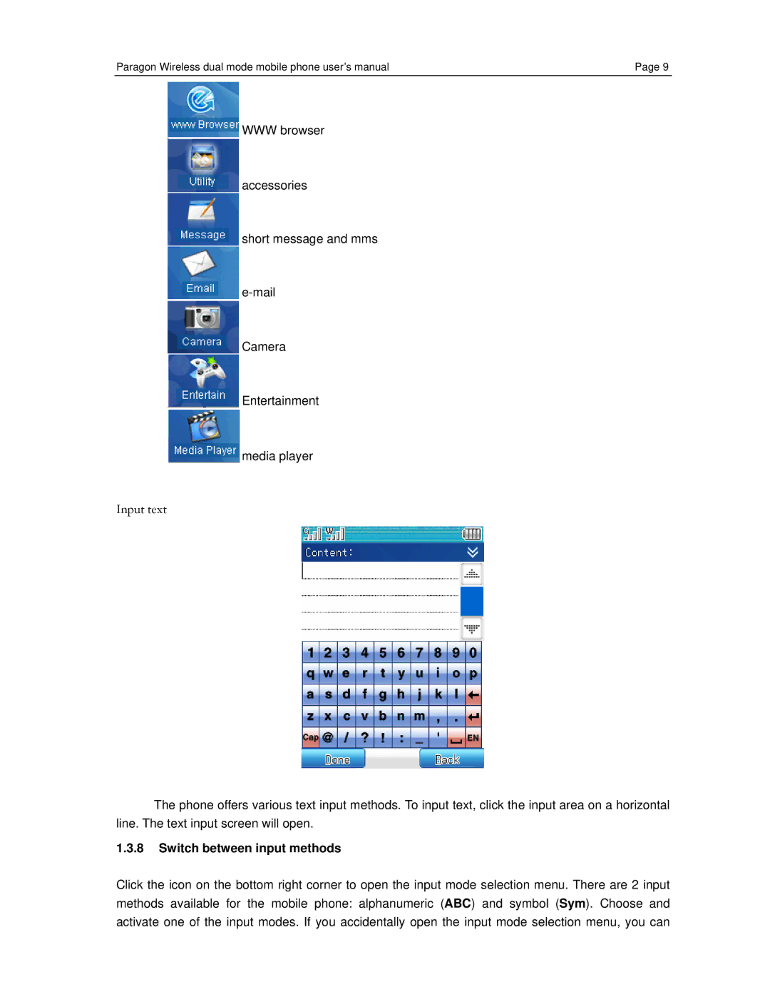 Paragon CECT P800, GSM/WiFi Dual-Mode Mobile Phone user manual Input text, Switch between input methods 