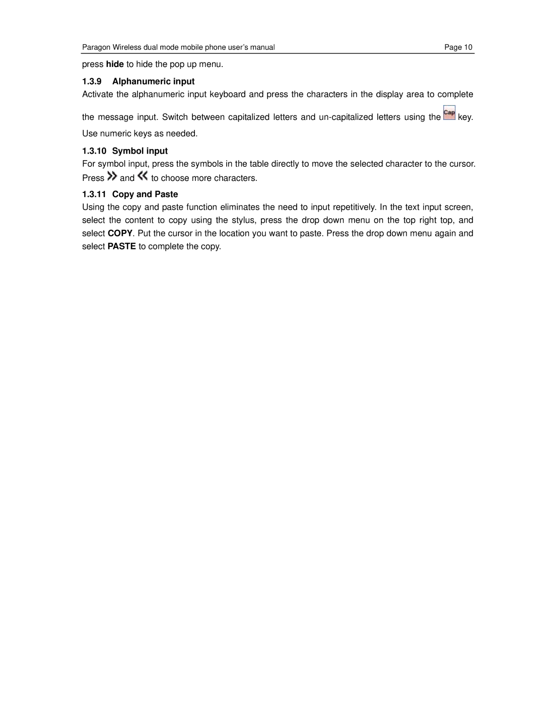 Paragon GSM/WiFi Dual-Mode Mobile Phone, CECT P800 user manual Alphanumeric input, Symbol input, Copy and Paste 