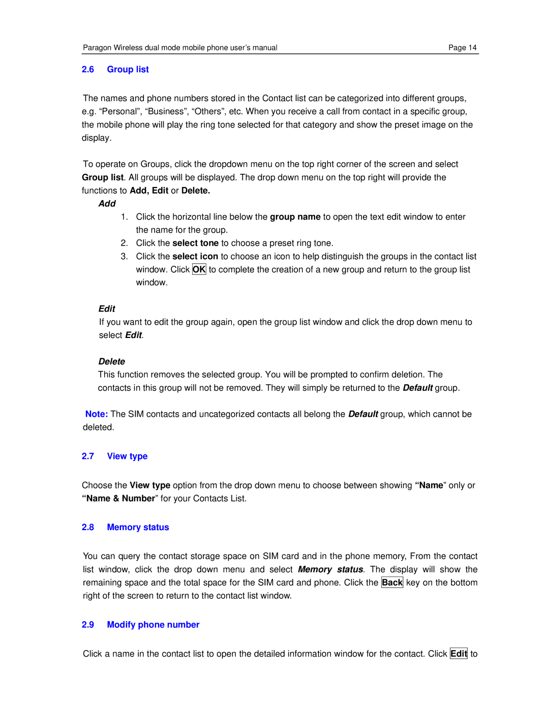 Paragon GSM/WiFi Dual-Mode Mobile Phone, CECT P800 user manual Group list, View type, Memory status, Modify phone number 