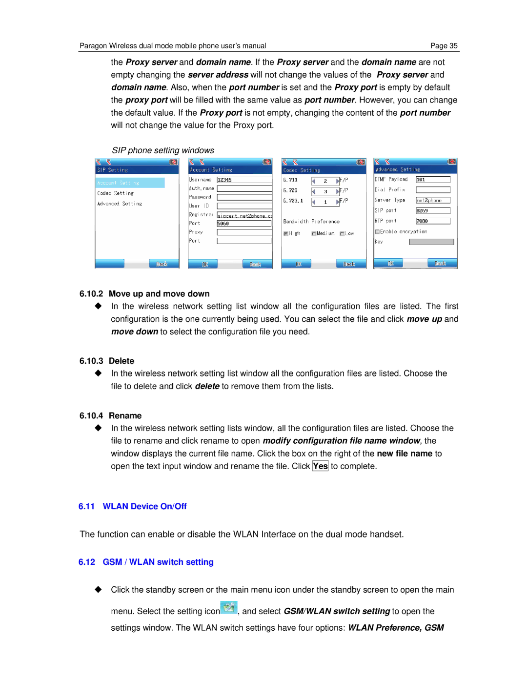 Paragon CECT P800 user manual Move up and move down, Delete, Wlan Device On/Off, GSM / Wlan switch setting 