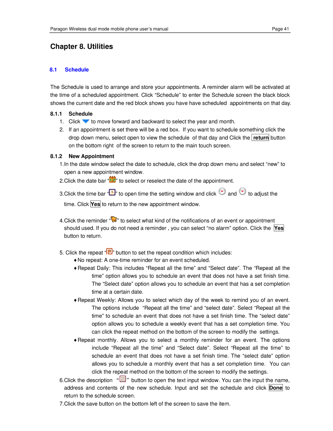 Paragon CECT P800, GSM/WiFi Dual-Mode Mobile Phone user manual Utilities, Schedule, New Appointment 