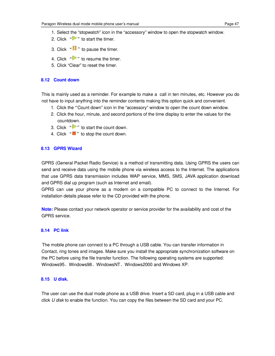 Paragon CECT P800, GSM/WiFi Dual-Mode Mobile Phone user manual Count down, Gprs Wizard, PC link, Disk 