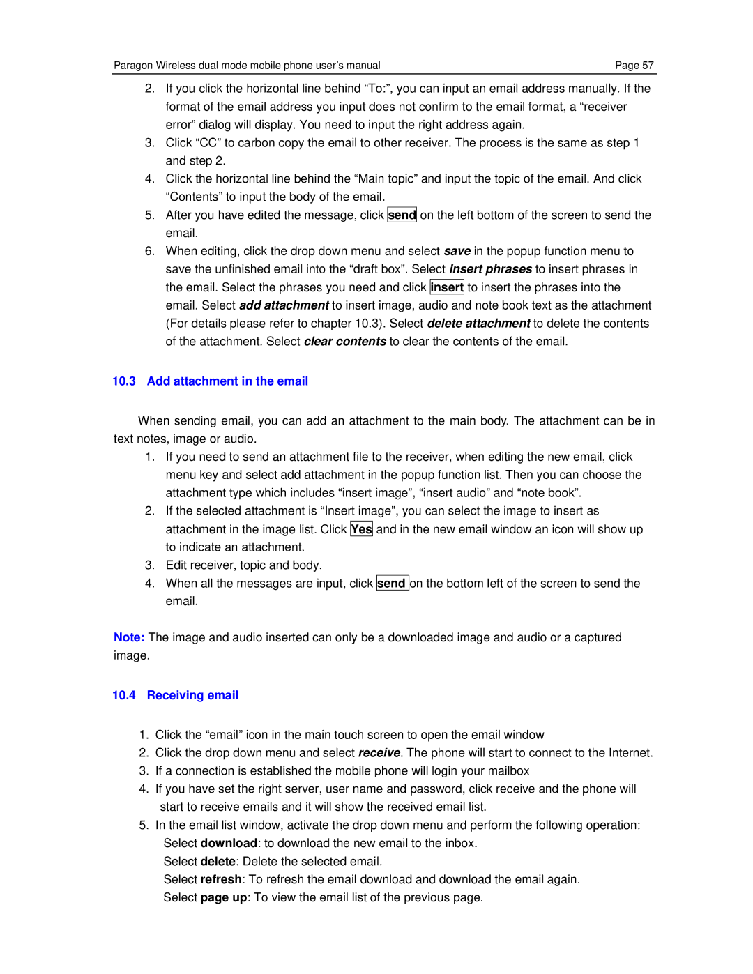 Paragon CECT P800, GSM/WiFi Dual-Mode Mobile Phone user manual Add attachment in the email, Receiving email 
