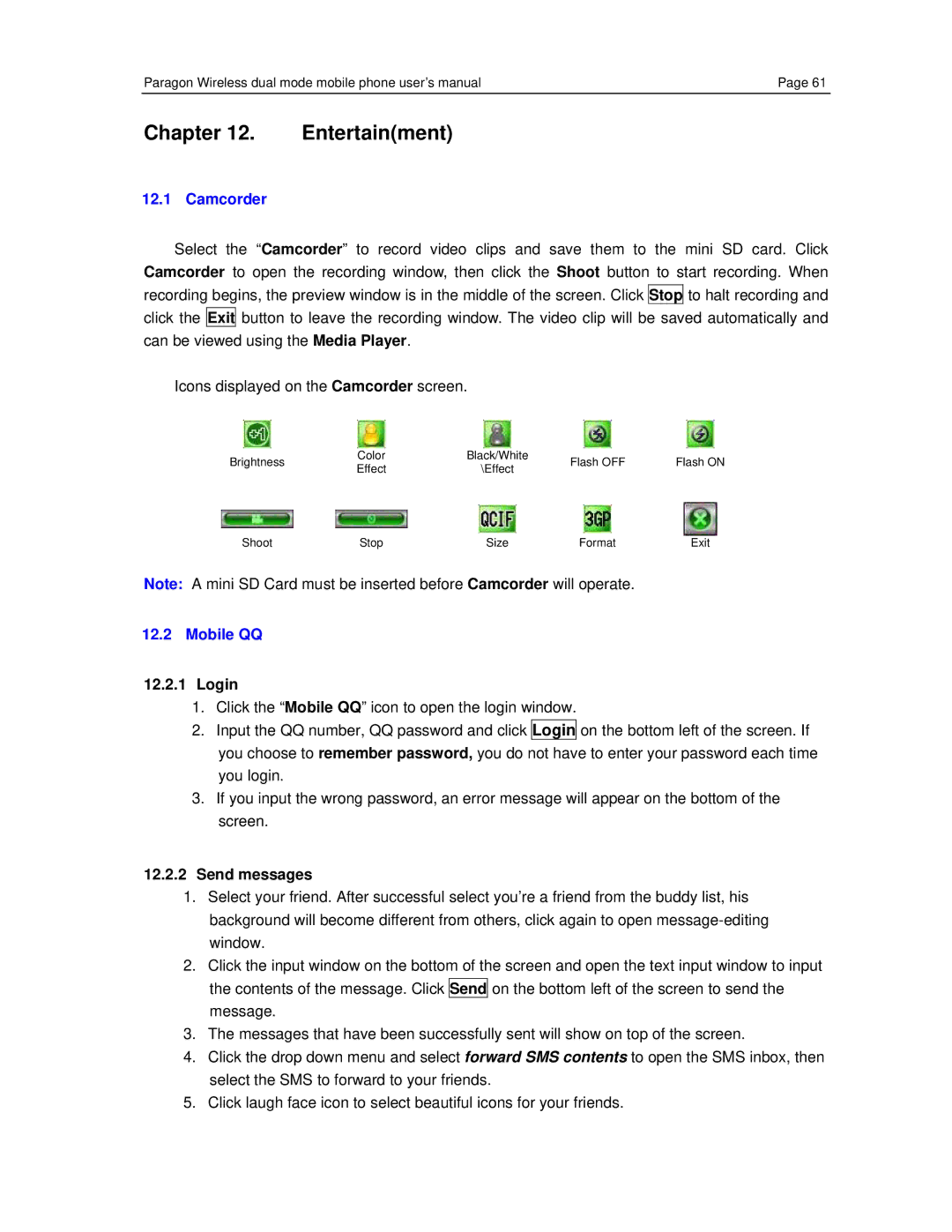 Paragon CECT P800, GSM/WiFi Dual-Mode Mobile Phone user manual Entertainment, Camcorder, Mobile QQ, Login, Send messages 