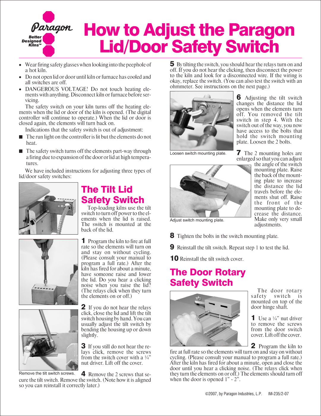 Paragon manual How to Adjust the Paragon Lid/Door Safety Switch, Tilt Lid Safety Switch, Door Rotary Safety Switch 