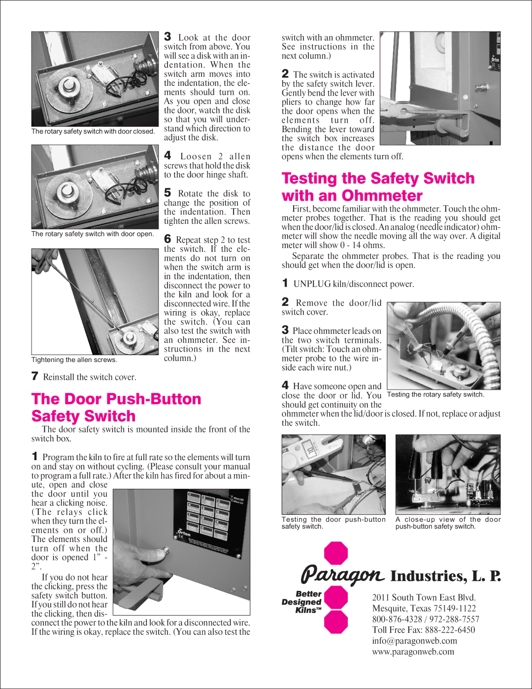 Paragon Lid/Door Safety Switch manual Testing the Safety Switch with an Ohmmeter, Door Push-Button Safety Switch 