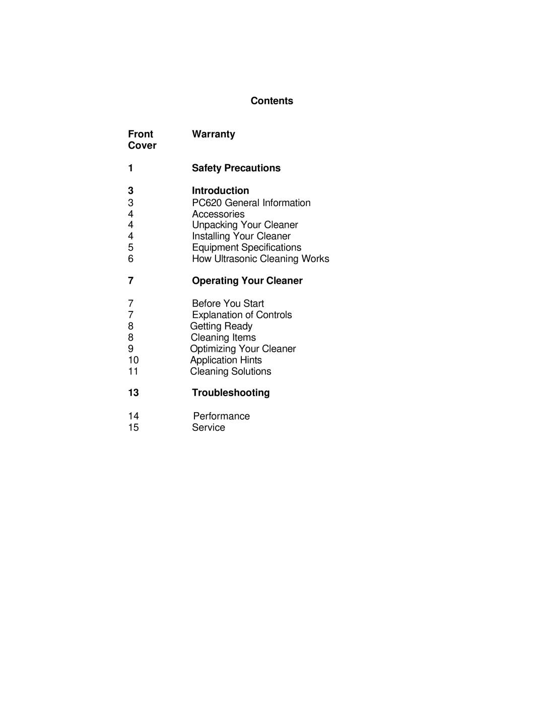 Paragon PC-620-2, PC-620-1 manual Contents 