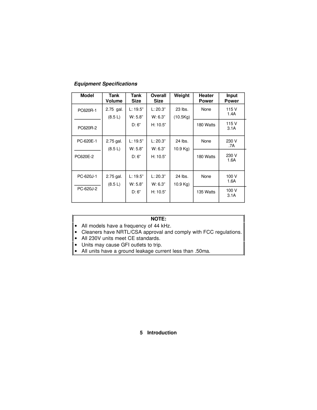 Paragon PC-620-2, PC-620-1 manual Equipment Specifications, Model Tank Overall Weight Heater Input Volume Size Power 