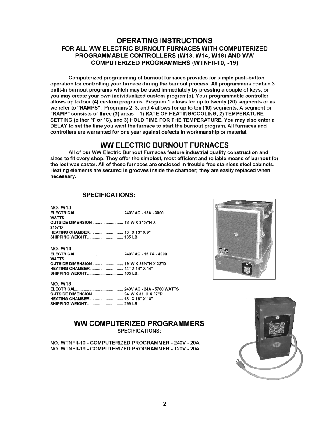 Paragon W18, WTNFII-19 Operating Instructions, WW Electric Burnout Furnaces, WW Computerized Programmers, Specifications 