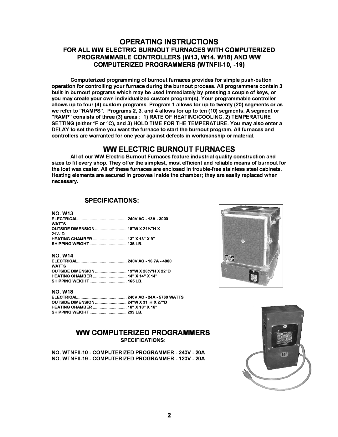 Paragon W18, WTNFII-19 Operating Instructions, Ww Electric Burnout Furnaces, Ww Computerized Programmers, Specifications 