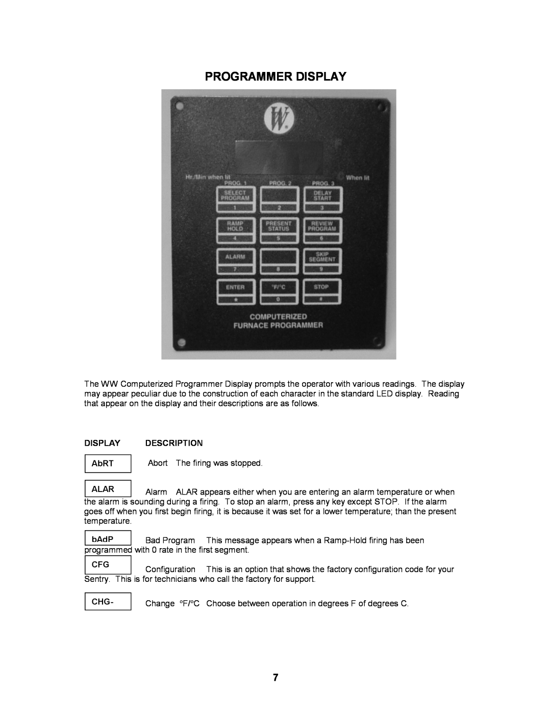 Paragon W18, WTNFII-19, W14, W13, WTNFII-10 manual Programmer Display, DISPLAY AbRT, Description, Alar, bAdP 