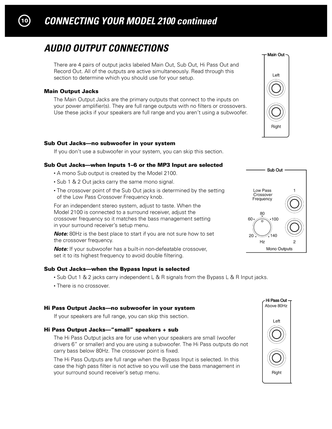 Parasound 2100 manual Audio Output Connections 