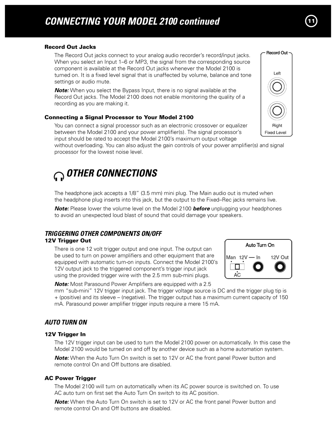 Parasound 2100 manual Other Connections 