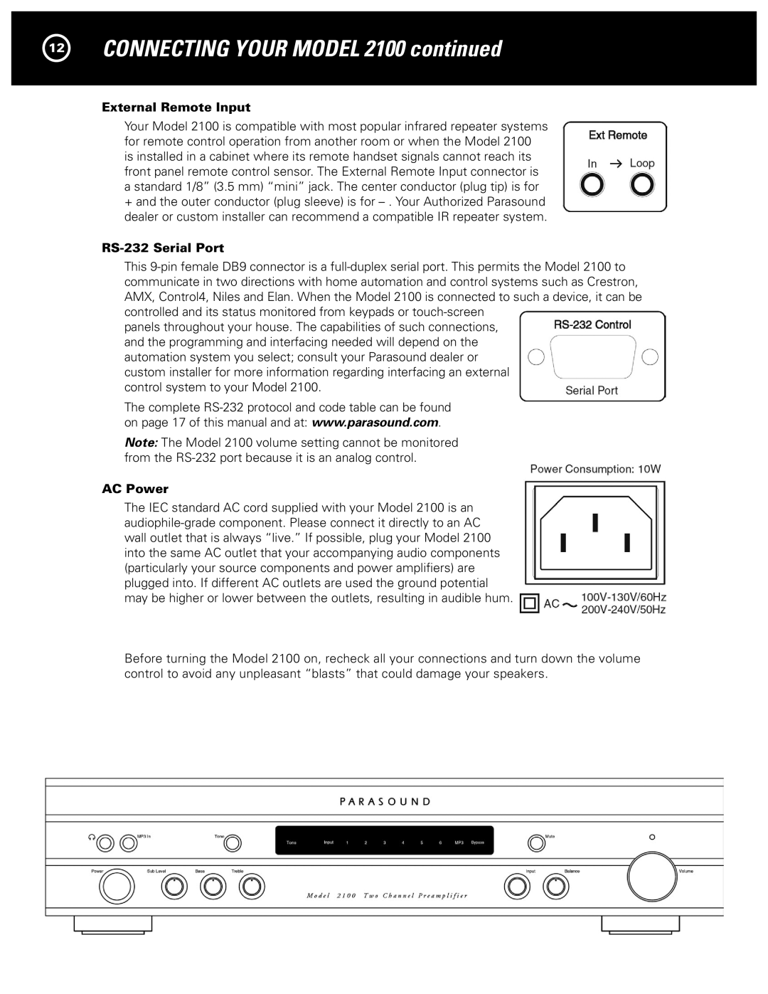 Parasound 2100 manual External Remote Input, RS-232 Serial Port, AC Power 