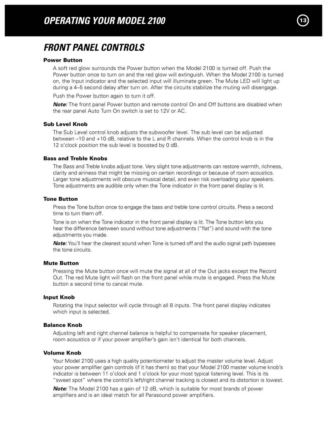Parasound 2100 manual Operating Your Model, Front Panel Controls 