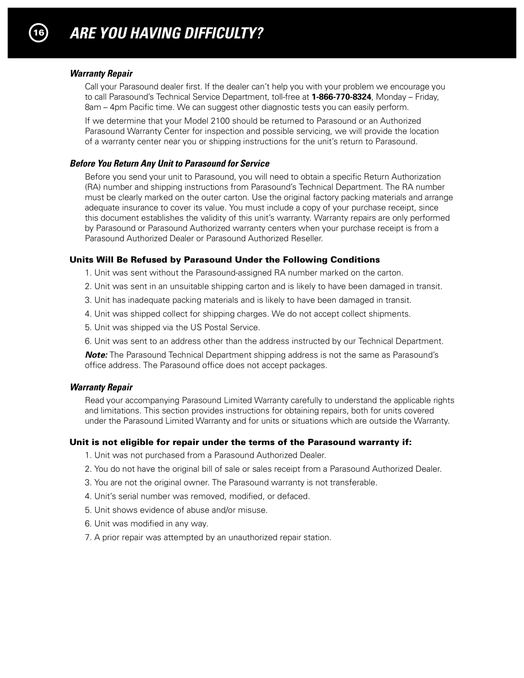 Parasound 2100 manual Are YOU Having DIFFICULTY?, Warranty Repair, Before You Return Any Unit to Parasound for Service 