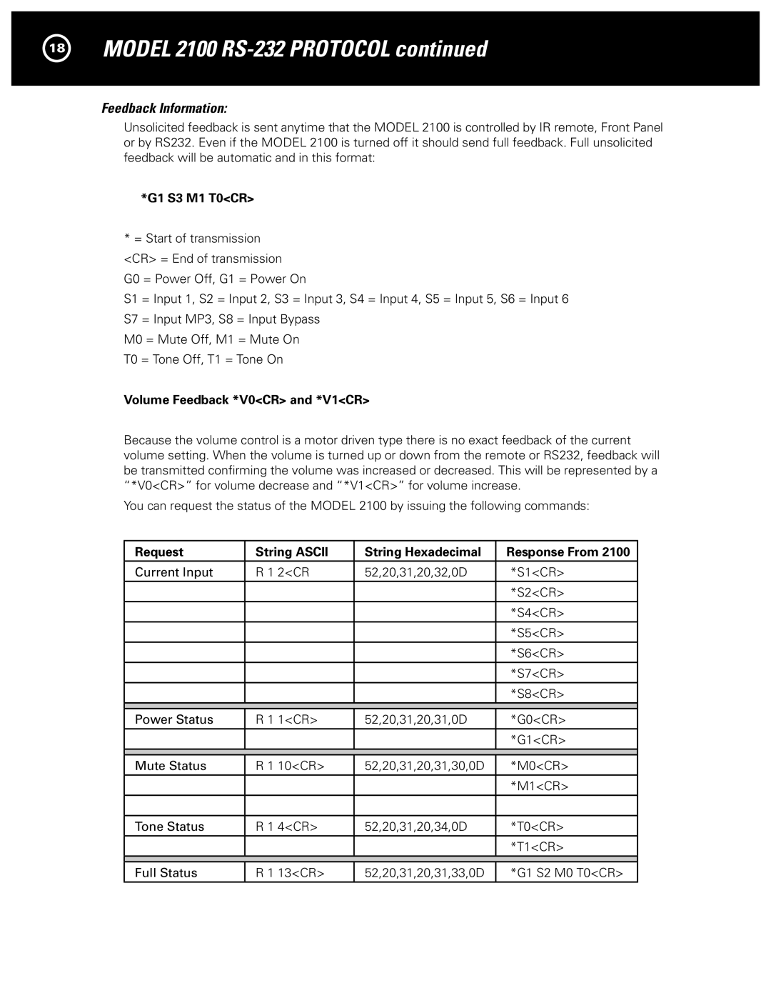 Parasound 2100 manual Feedback Information, G1 S3 M1 T0CR, Volume Feedback *V0CR and *V1CR 