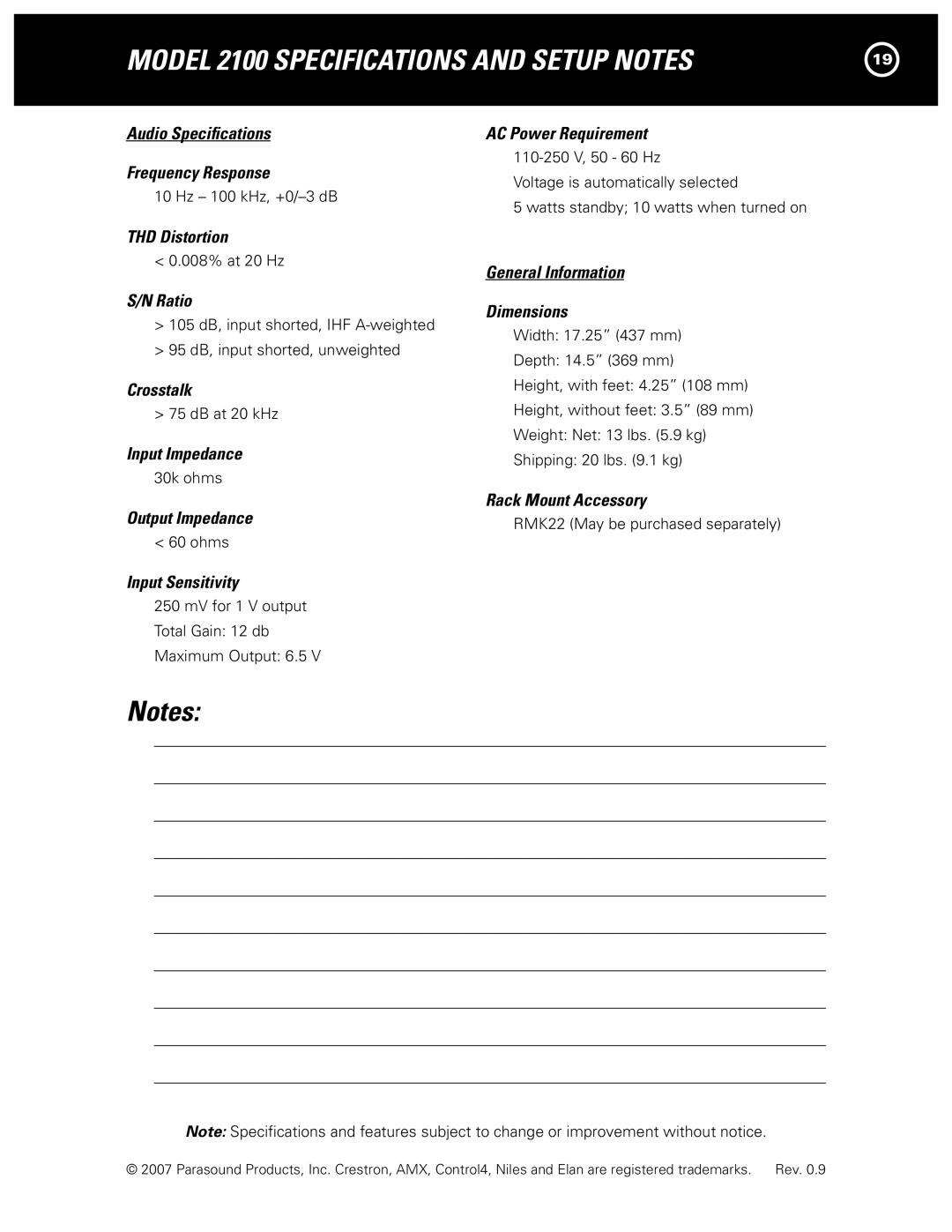 Parasound 2100 manual Frequency Response, THD Distortion, Ratio, Crosstalk, Input Impedance, General Information Dimensions 