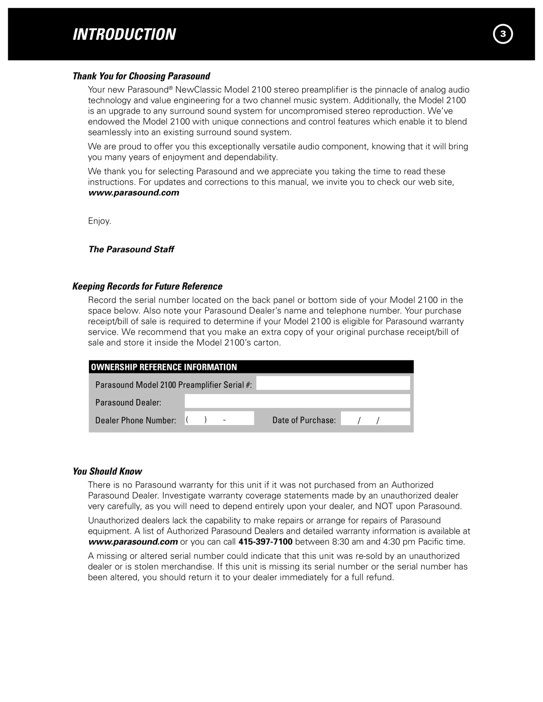 Parasound 2100 manual Introduction, Thank You for Choosing Parasound, Keeping Records for Future Reference, You Should Know 