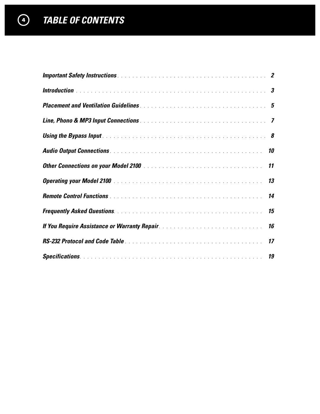 Parasound 2100 manual Table of Contents 