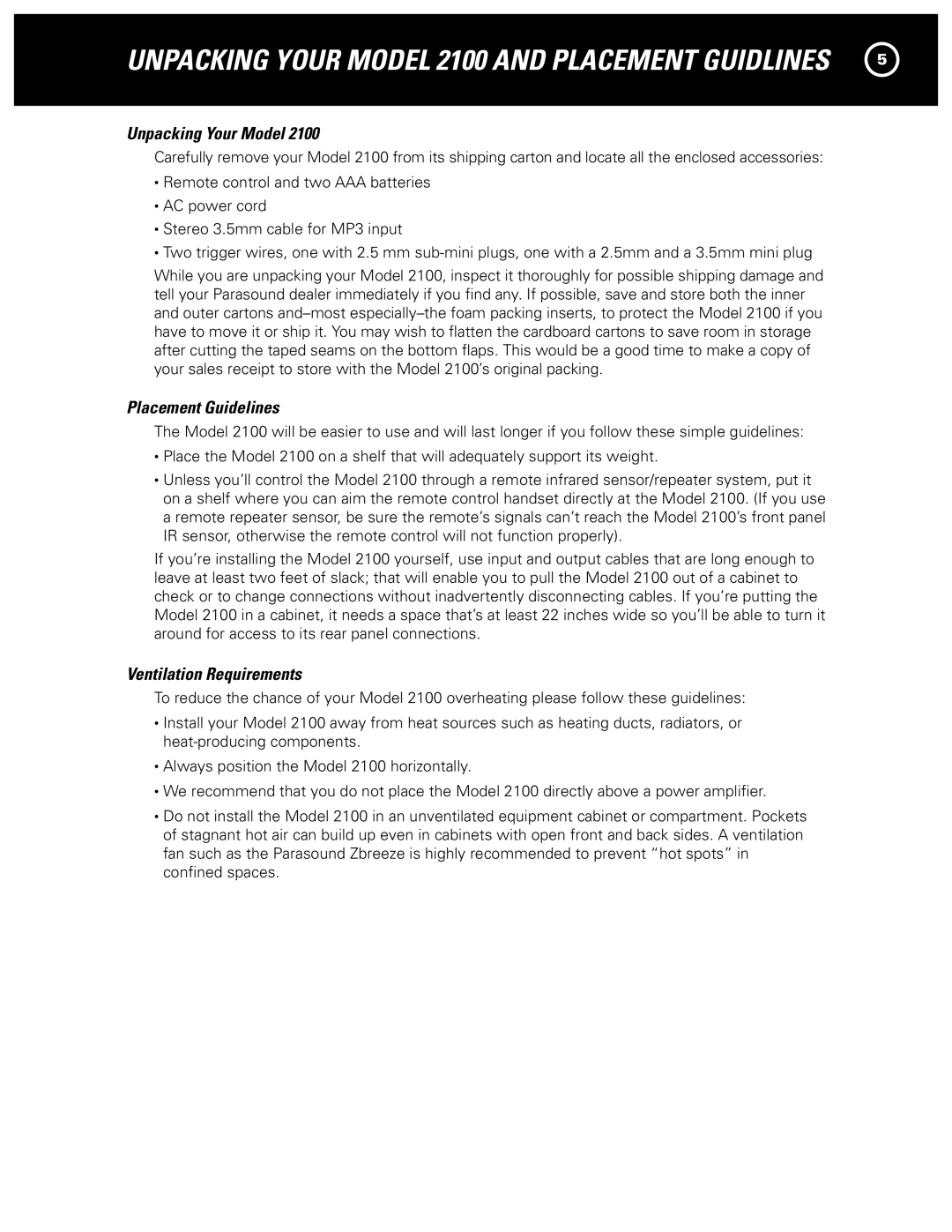 Parasound 2100 manual Unpacking Your Model, Placement Guidelines, Ventilation Requirements 