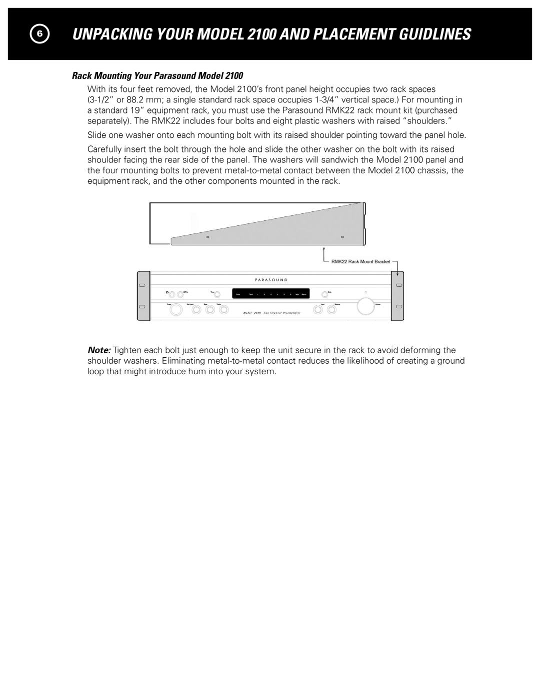 Parasound 2100 manual Rack Mounting Your Parasound Model 
